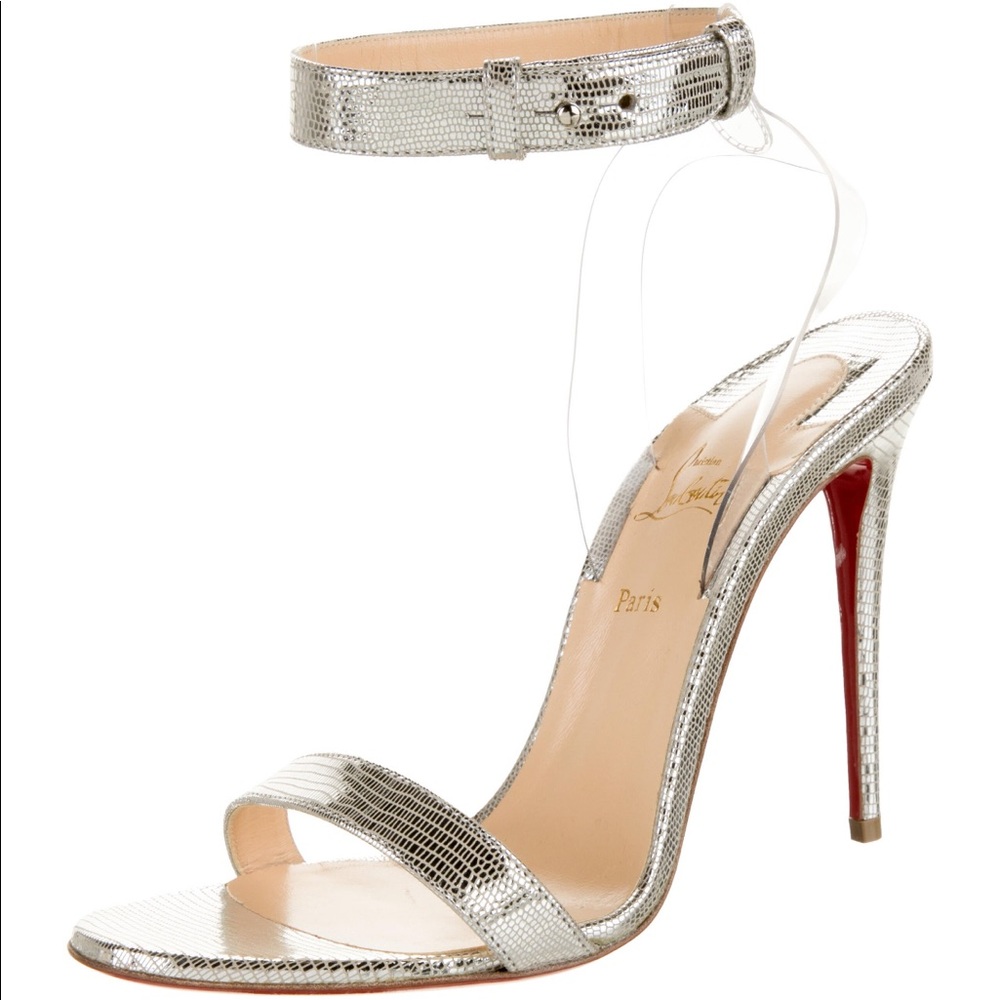 Christian Louboutin Silver Metallic Ankle-Strap Stiletto Sandals with Red Soles